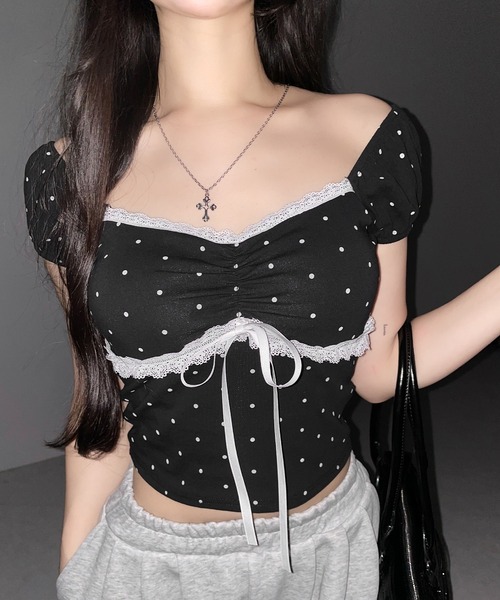 me+em select(ミームセレクト)の「【 3color 】ドットレースリボンギャザーオフショルトップス / dot lace ribbon gathered off shoulder tops(Tシャツ/カットソー・レディース・ブラック/ホワイト/グレー・FREE)」の14枚目の写真
