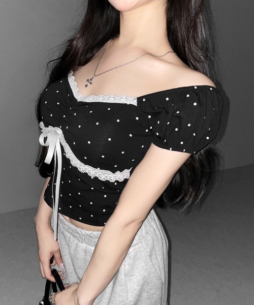 me+em select(ミームセレクト)の「【 3color 】ドットレースリボンギャザーオフショルトップス / dot lace ribbon gathered off shoulder tops(Tシャツ/カットソー・レディース・ブラック/ホワイト/グレー・FREE)」の15枚目の写真