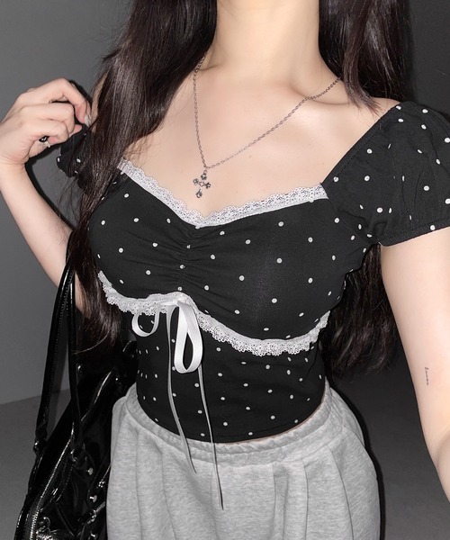 me+em select(ミームセレクト)の「【 3color 】ドットレースリボンギャザーオフショルトップス / dot lace ribbon gathered off shoulder tops(Tシャツ/カットソー・レディース・ブラック/ホワイト/グレー・FREE)」の16枚目の写真