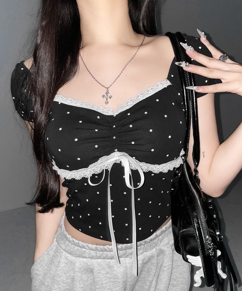 me+em select(ミームセレクト)の「【 3color 】ドットレースリボンギャザーオフショルトップス / dot lace ribbon gathered off shoulder tops(Tシャツ/カットソー・レディース・ブラック/ホワイト/グレー・FREE)」の17枚目の写真