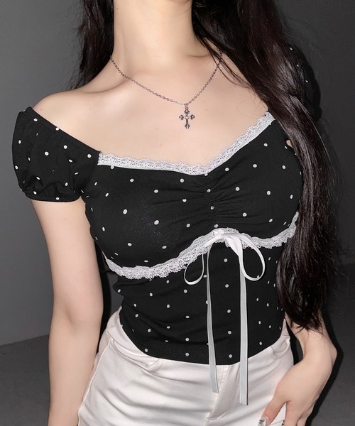 me+em select(ミームセレクト)の「【 3color 】ドットレースリボンギャザーオフショルトップス / dot lace ribbon gathered off shoulder tops(Tシャツ/カットソー・レディース・ブラック/ホワイト/グレー・FREE)」の22枚目の写真