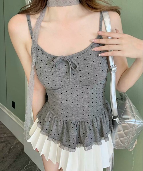 kirakiraShop(キラキラショップ)の「カップ付き ペプラム ドット柄 キャミソール(Tシャツ/カットソー・レディース・ホワイト/ブラウン/ブラック/グレー・FREE)」の3枚目の写真