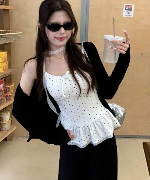 kirakiraShop(キラキラショップ)の「カップ付き ペプラム ドット柄 キャミソール(Tシャツ/カットソー・レディース・ホワイト/ブラウン/ブラック/グレー・FREE)」の20枚目の写真