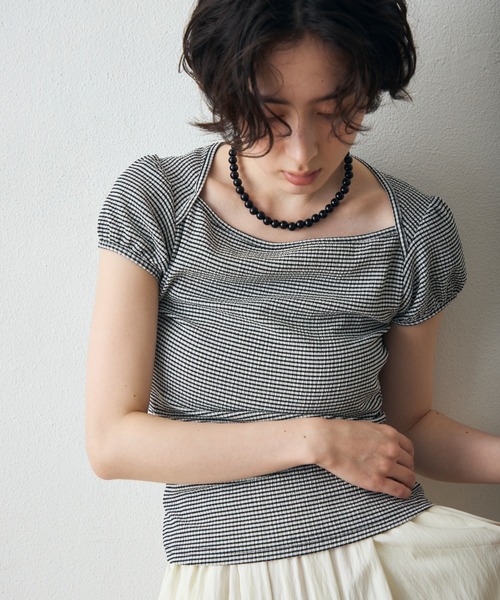 Trish(トリッシュ)の「シャーリングカットフレンチパフスリーブプルオーバー(Tシャツ/カットソー・レディース・その他/ブラック/ホワイト・MEDIUM)」の13枚目の写真