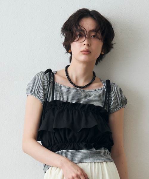 Trish(トリッシュ)の「シャーリングカットフレンチパフスリーブプルオーバー(Tシャツ/カットソー・レディース・その他/ブラック/ホワイト・MEDIUM)」の14枚目の写真