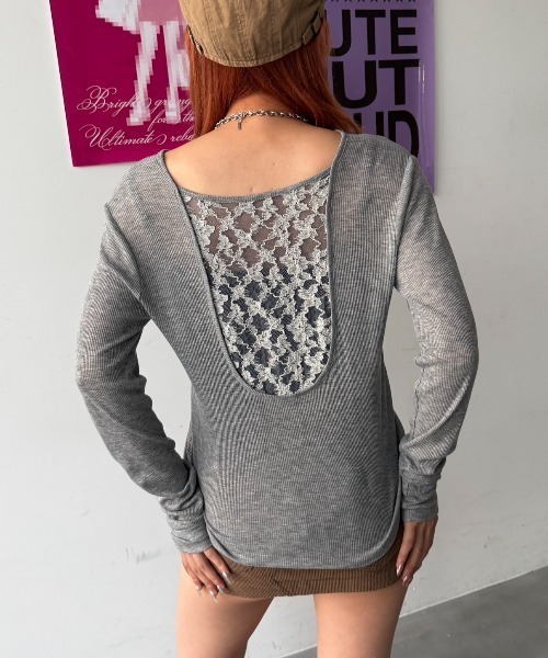 SHAGGIE(シャギー)の「バックレースシアーテレコトップス(Tシャツ/カットソー・レディース・ホワイト/ブラック/ブラウン/グレー・FREE)」の7枚目の写真