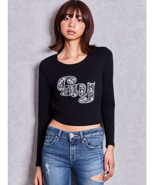GYDA（ジェイダ）の「GY bijou long sleeveトップス（Tシャツ/カットソー・レディース・ブラック/オフホワイト・FREE）」の4枚目の写真