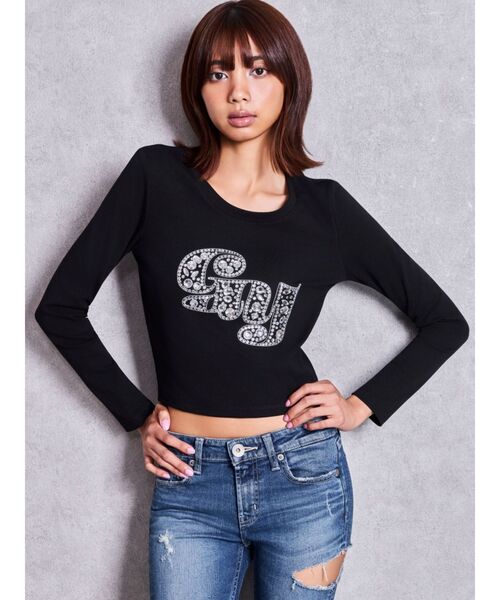 GYDA（ジェイダ）の「GY bijou long sleeveトップス（Tシャツ/カットソー・レディース・ブラック/オフホワイト・FREE）」の5枚目の写真