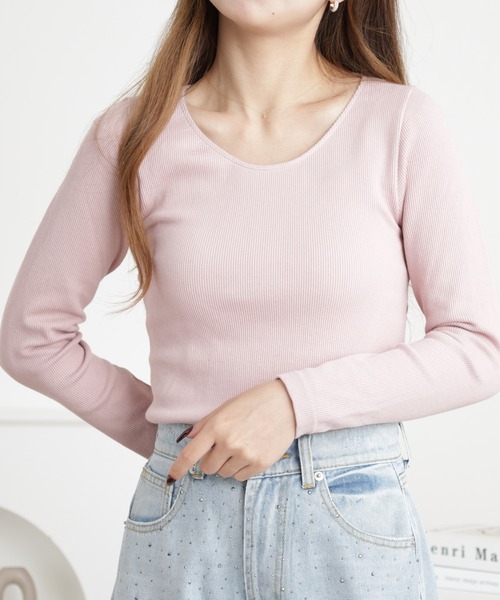 OMNES(オムネス)の「裏パイルUネックあったか長袖Tシャツ(Tシャツ/カットソー・レディース・ピンク・L)」の1枚目の写真