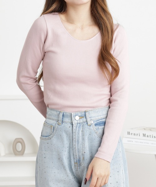 OMNES(オムネス)の「裏パイルUネックあったか長袖Tシャツ(Tシャツ/カットソー・レディース・ピンク・L)」の3枚目の写真