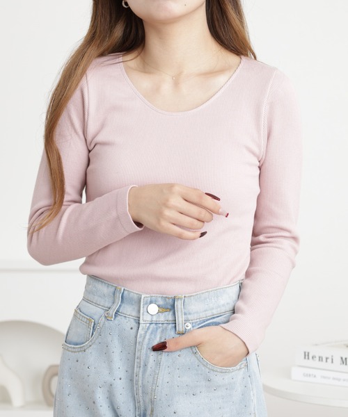 OMNES(オムネス)の「裏パイルUネックあったか長袖Tシャツ(Tシャツ/カットソー・レディース・ピンク・L)」の7枚目の写真