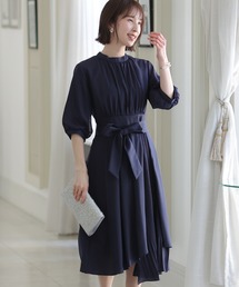 結婚式 ワンピースドレス 七分袖 と ロング アシンメトリーヘムリボン 大きいサイズ フォーマル オケージョンドレス お呼ばれ 二次会 成人式 同窓会 謝恩会 20代 30代