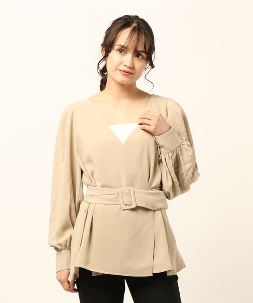 STYLEBLOCK（スタイルブロック）の「ジョーゼットボリュームスリーブカシュクールブラウス（シャツ/ブラウス・レディース・ライトグレー/ベージュ/オリーブ/ピンク/ライトベージュ・M）」の8枚目の写真