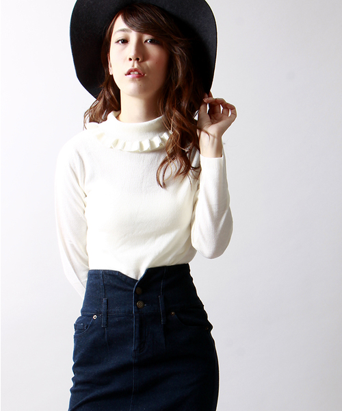 WEGO（ウィゴー）の「WEGO/フリルハイネックニット（ニット/セーター・レディース・アイボリー/ライトグレー/サックスブルー/ライトパープル・FREE）」の2枚目の写真