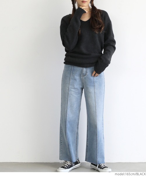 coca(coca)(コカ)の「リサイクルモヘアタッチVネックニット(ニット/セーター・レディース・ベージュ/ブラック/ブルー・ONE SIZE)」の6枚目の写真