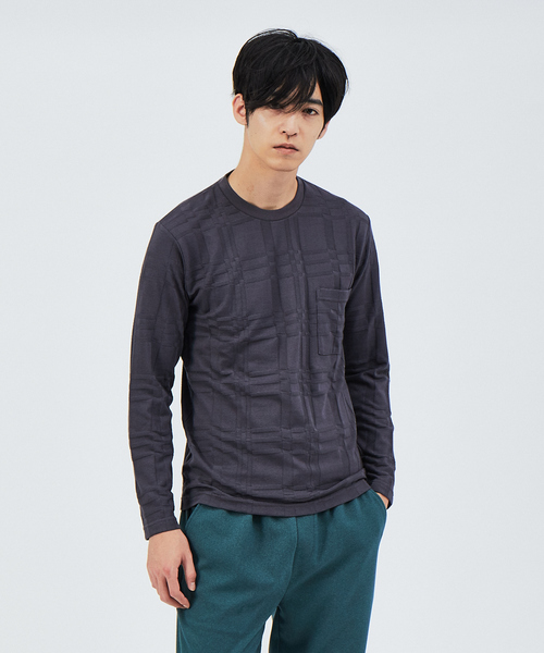 ABAHOUSE(アバハウス)の「クロスジャガード 長袖 Tシャツ(Tシャツ/カットソー・メンズ・ホワイト/チャコールグレー/ネイビー・44/46/48)」の1枚目の写真