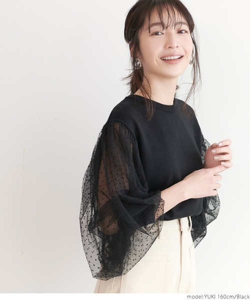 coca(coca)(コカ)の「袖ドットチュールニット(ニット/セーター・レディース・ブラック・ONE SIZE)」の2枚目の写真