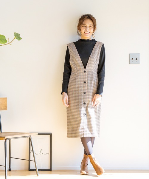 セール ハイストレッチチェック柄ジャンバーワンピース 裏地付き ワンピース Emilyan エミリアン のファッション通販 Zozotown