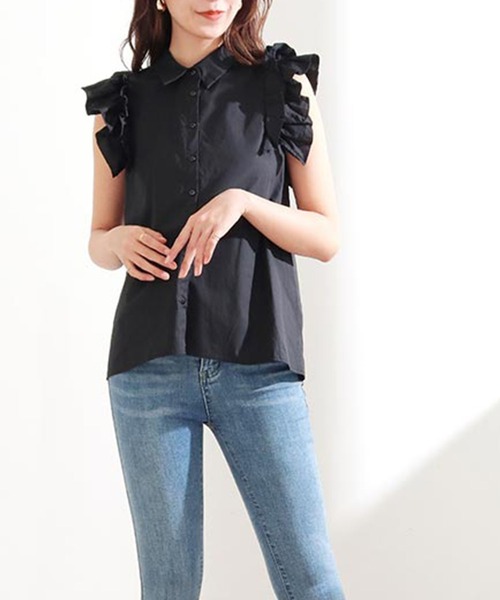 CHILLE(チル)の「袖フリルブラウス(シャツ/ブラウス・レディース・ホワイト/ブルー/ブラック・FREE)」の1枚目の写真