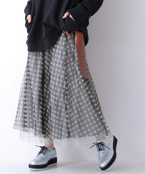 osharewalker（オシャレウォーカー）の「【廃盤】『チュールチェックプリーツスカート』（スカート・レディース・ピンク/ブラック/ネイビー・FREE）」の2枚目の写真