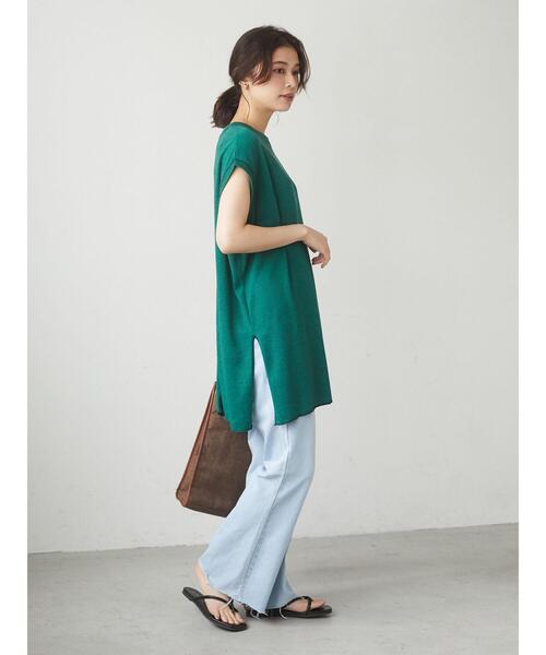 Green　Parks（グリーンパークス）の「ミジンボーダーノースリーブチュニック＊（Tシャツ/カットソー・レディース・チャコールグレー/パープル/ブラウン/グリーン・FREE）」の8枚目の写真