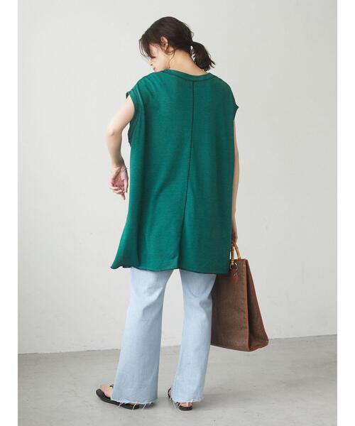 Green　Parks（グリーンパークス）の「ミジンボーダーノースリーブチュニック＊（Tシャツ/カットソー・レディース・チャコールグレー/パープル/ブラウン/グリーン・FREE）」の5枚目の写真