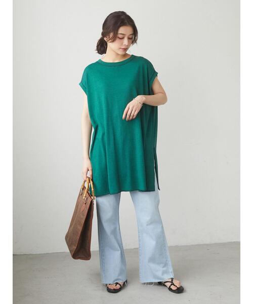 Green　Parks（グリーンパークス）の「ミジンボーダーノースリーブチュニック＊（Tシャツ/カットソー・レディース・チャコールグレー/パープル/ブラウン/グリーン・FREE）」の10枚目の写真