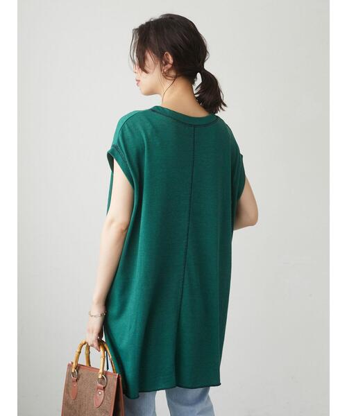 Green　Parks（グリーンパークス）の「ミジンボーダーノースリーブチュニック＊（Tシャツ/カットソー・レディース・チャコールグレー/パープル/ブラウン/グリーン・FREE）」の15枚目の写真