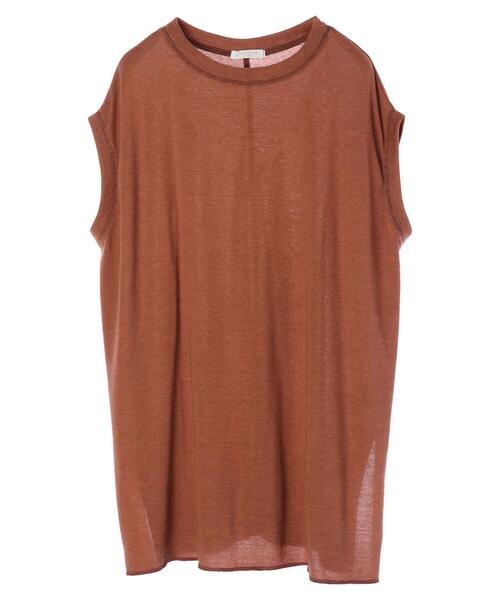 Green　Parks（グリーンパークス）の「ミジンボーダーノースリーブチュニック＊（Tシャツ/カットソー・レディース・チャコールグレー/パープル/ブラウン/グリーン・FREE）」の19枚目の写真