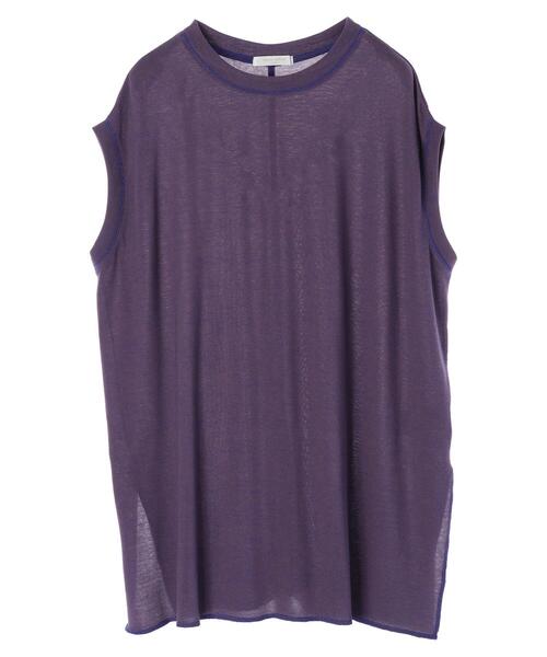 Green　Parks（グリーンパークス）の「ミジンボーダーノースリーブチュニック＊（Tシャツ/カットソー・レディース・チャコールグレー/パープル/ブラウン/グリーン・FREE）」の4枚目の写真