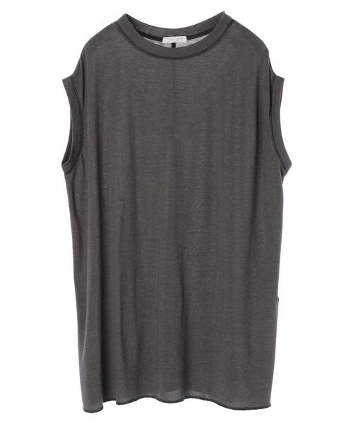 Green　Parks（グリーンパークス）の「ミジンボーダーノースリーブチュニック＊（Tシャツ/カットソー・レディース・チャコールグレー/パープル/ブラウン/グリーン・FREE）」の2枚目の写真