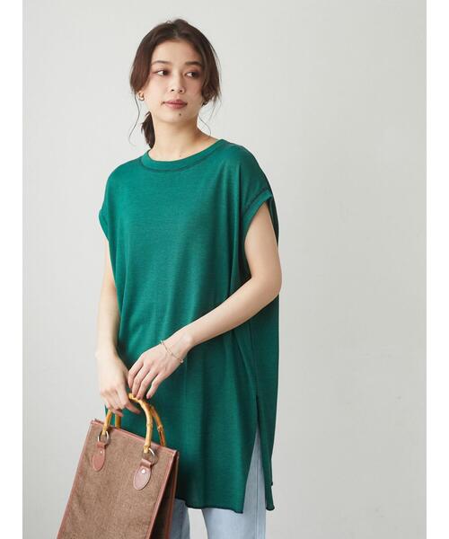 Green　Parks（グリーンパークス）の「ミジンボーダーノースリーブチュニック＊（Tシャツ/カットソー・レディース・チャコールグレー/パープル/ブラウン/グリーン・FREE）」の3枚目の写真