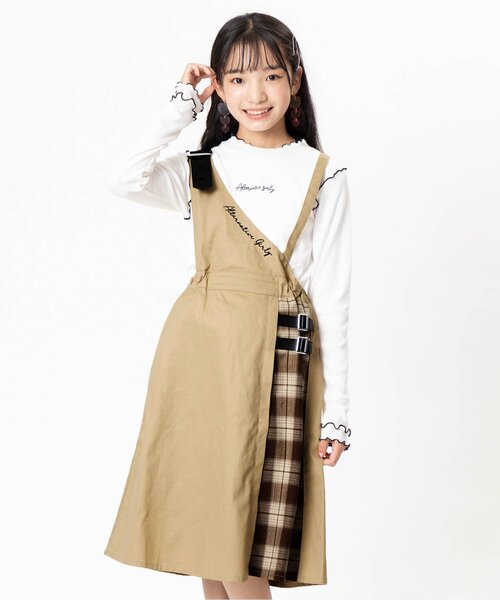 algy(アルジー)の「チェック切替ワンショルジャンスカ(ジャンパースカート・キッズ・ベージュ/ブラック・XX-SMALL/X-SMALL/SMALL/MEDIUM)」の2枚目の写真