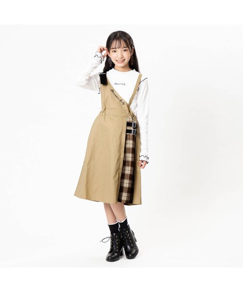 algy(アルジー)の「チェック切替ワンショルジャンスカ(ジャンパースカート・キッズ・ベージュ/ブラック・XX-SMALL/X-SMALL/SMALL/MEDIUM)」の3枚目の写真