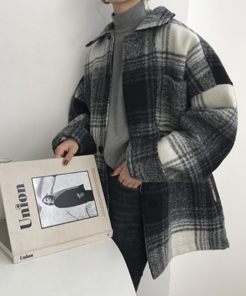 MANGROVE（マングローブ）の「起毛チェックドロップショルダーレイルロードジャケット（その他アウター・レディース・ブラック/ブラウン・FREE）」の12枚目の写真