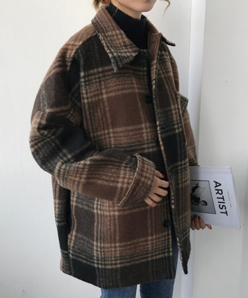 MANGROVE（マングローブ）の「起毛チェックドロップショルダーレイルロードジャケット（その他アウター・レディース・ブラック/ブラウン・FREE）」の14枚目の写真