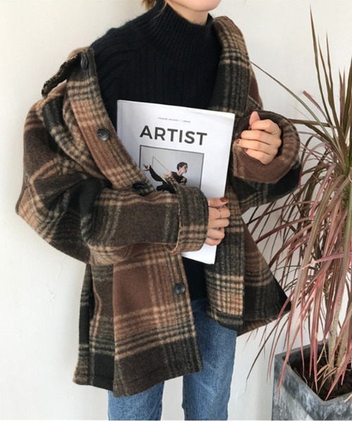 MANGROVE（マングローブ）の「起毛チェックドロップショルダーレイルロードジャケット（その他アウター・レディース・ブラック/ブラウン・FREE）」の6枚目の写真