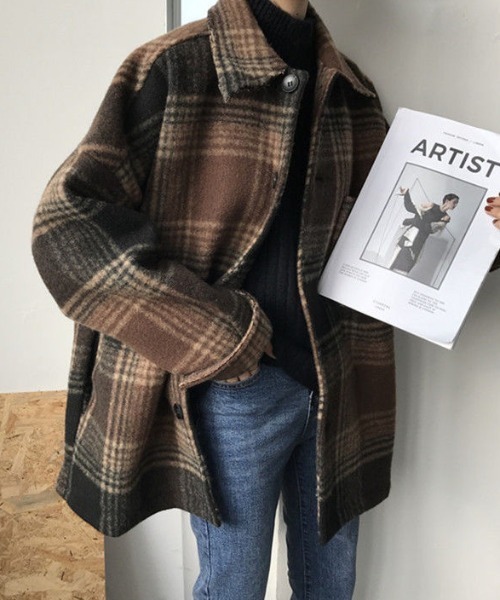 MANGROVE（マングローブ）の「起毛チェックドロップショルダーレイルロードジャケット（その他アウター・レディース・ブラック/ブラウン・FREE）」の13枚目の写真