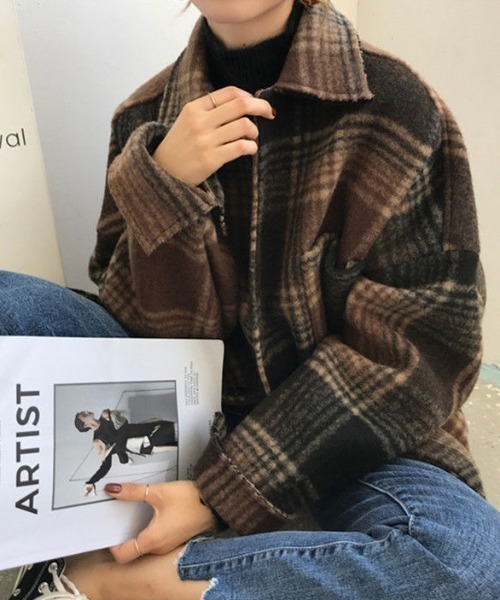 MANGROVE（マングローブ）の「起毛チェックドロップショルダーレイルロードジャケット（その他アウター・レディース・ブラック/ブラウン・FREE）」の8枚目の写真