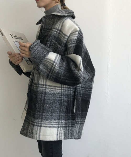 MANGROVE（マングローブ）の「起毛チェックドロップショルダーレイルロードジャケット（その他アウター・レディース・ブラック/ブラウン・FREE）」の3枚目の写真