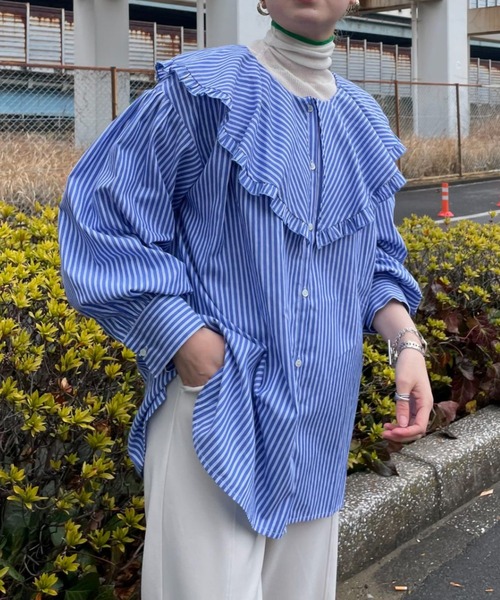 CIAOPANIC(チャオパニック)の「ストライプ2WAYフリルブラウス(シャツ/ブラウス・レディース・ブラック/ブルー・フリ-)」の21枚目の写真