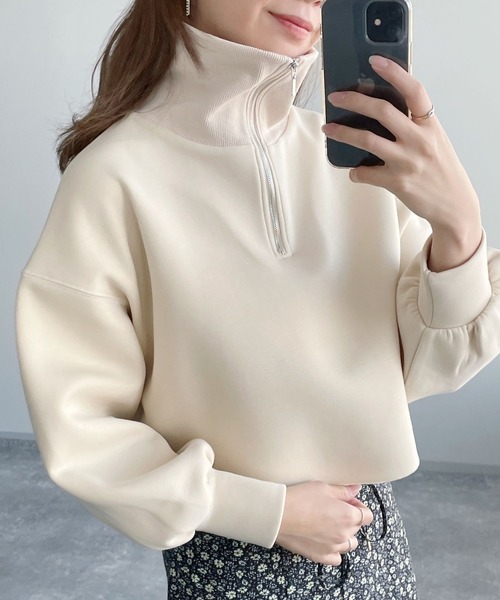 mysty woman（ミスティウーマン）の「ハーフジップショートプルオーバー 271101（Tシャツ/カットソー・レディース・オフホワイト/チャコール/イエロー・FREE）」の2枚目の写真