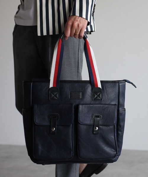 GUSCIO UOMO（グッシオ ウォーモ）の「【グッシオ ウォーモ】　PUレザー　トリコロールハンドルトートバッグ　　ビジネス　通勤通学　革付属（トートバッグ・メンズ・ブラック/ネイビー/ブラウン/カーキ・FREE）」の4枚目の写真