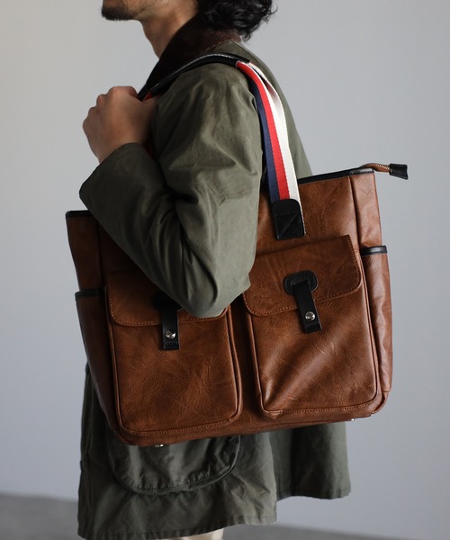 GUSCIO UOMO（グッシオ ウォーモ）の「【グッシオ ウォーモ】　PUレザー　トリコロールハンドルトートバッグ　　ビジネス　通勤通学　革付属（トートバッグ・メンズ・ブラック/ネイビー/ブラウン/カーキ・FREE）」の3枚目の写真