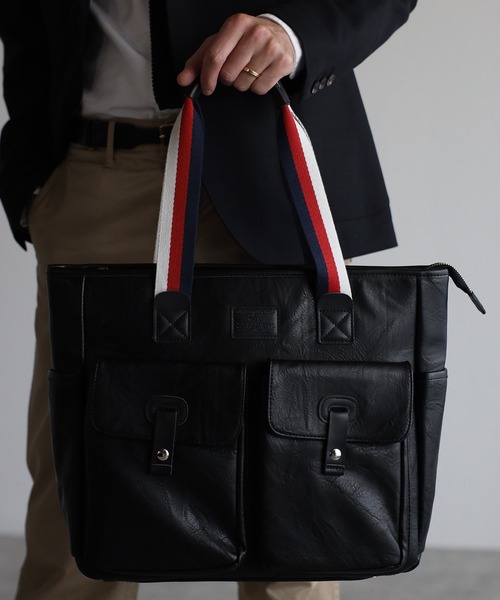 GUSCIO UOMO（グッシオ ウォーモ）の「【グッシオ ウォーモ】　PUレザー　トリコロールハンドルトートバッグ　　ビジネス　通勤通学　革付属（トートバッグ・メンズ・ブラック/ネイビー/ブラウン/カーキ・FREE）」の2枚目の写真
