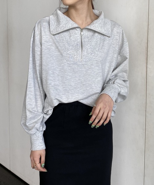 AS KNOW AS PINKY（アズノゥアズピンキー）の「ぐるっとリブハーフジップなプルオーバー（スウェット・レディース・ライトブルー/ブラック/ライム/杢グレー・FREE）」の3枚目の写真