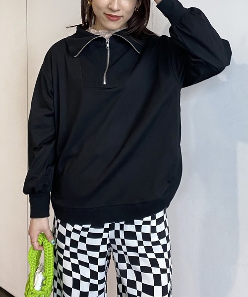 AS KNOW AS PINKY（アズノゥアズピンキー）の「ぐるっとリブハーフジップなプルオーバー（スウェット・レディース・ライトブルー/ブラック/ライム/杢グレー・FREE）」の2枚目の写真