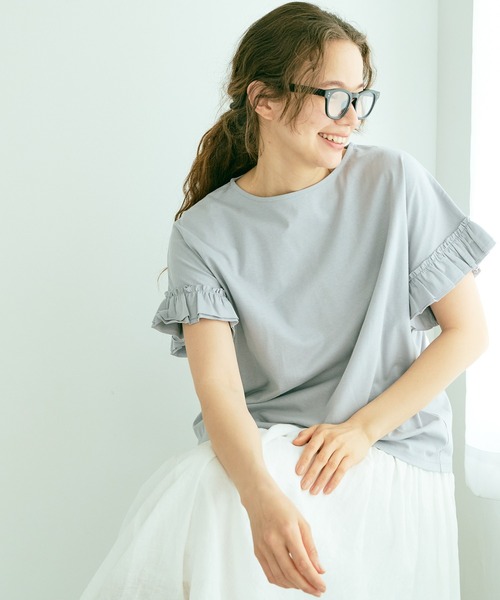 PUAL CE CIN(ピュアルセシン)の「【WEB限定】汗に負けない!フリル袖Tシャツ(Tシャツ/カットソー・レディース・ホワイト/ブラック/グレー/サックスブルー・FREE)」の3枚目の写真