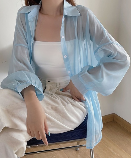 Primazel(プリマゼル)の「オーバーサイズシアーシャツ(シャツ/ブラウス・レディース・ホワイト/グレー/オレンジ/ミント/ラベンダー/ブルー系その他/ライトベージュ/ブラック・ONE SIZE)」の6枚目の写真