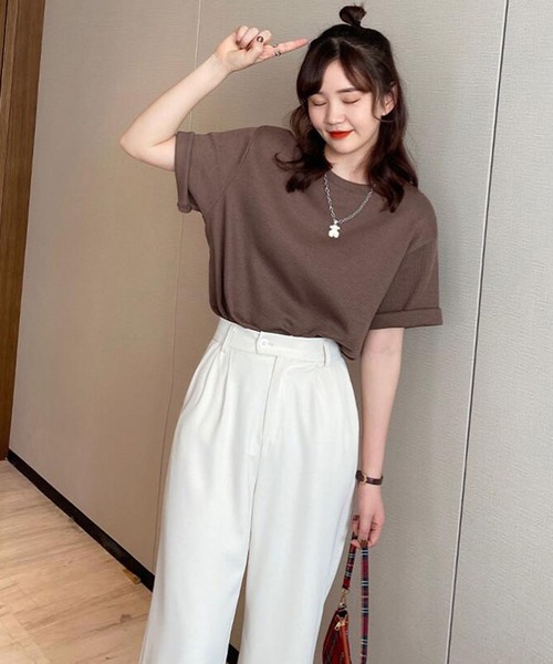 Girly Doll(ガーリードール)の「ワッフルクルーネックTシャツ(Tシャツ/カットソー・レディース・ブラック/ベージュ/ホワイト/ピンク/グレー/オレンジ/ブラウン・F)」の8枚目の写真